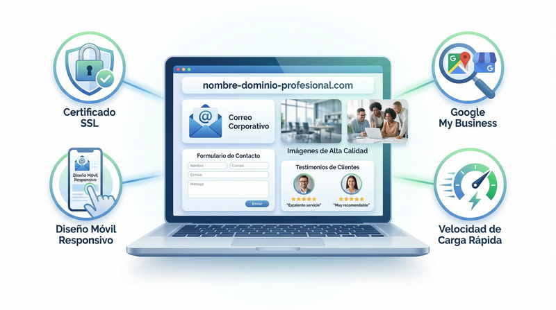 Elementos esenciales de una página web profesional con ejemplos visuales de diseño efectivo