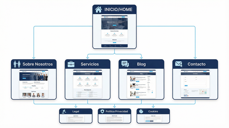 Diagrama mostrando la arquitectura y estructura óptima de un sitio web para pequeñas empresas