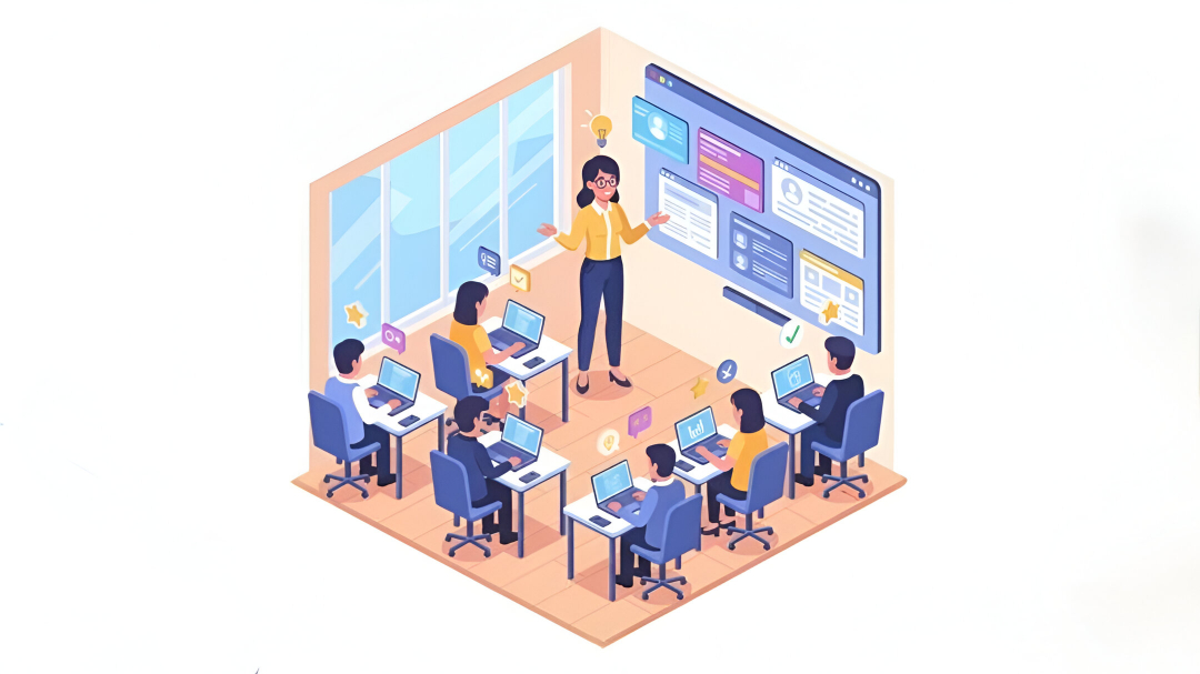 Equipo de pyme recibiendo formación digital con laptops y instructor en sesión interactiva