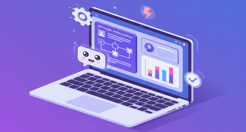 Interfaz de software de IA ayudando a automatizar tareas en una pequeña empresa con gráficos de productividad